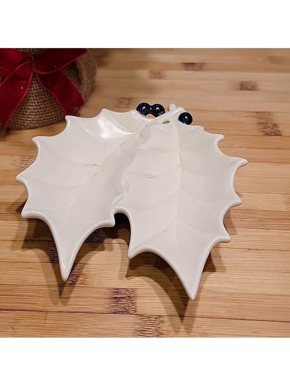 Mid Century White Ceramic Holiday Holly Leaf with Berries Candy Dish - Picture 4 of 5